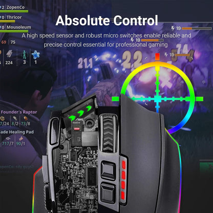 M801 Wireless RGB Gaming Mouse with 9 Programmable Macro Buttons, Up to 16000 Adjustable DPI, and Rapid Fire Function for Windows and PC - Black