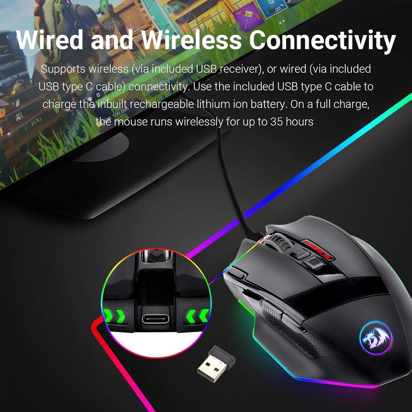 M801 Wireless RGB Gaming Mouse with 9 Programmable Macro Buttons, Up to 16000 Adjustable DPI, and Rapid Fire Function for Windows and PC - Black